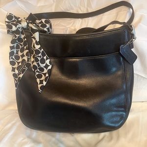 Coach black leather handbag with coach scarf